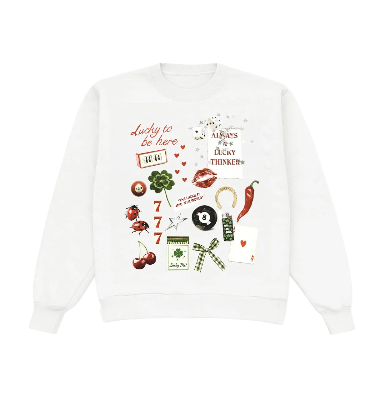 White sweatshirt with lucky-themed graphics and text on a white background