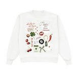 White sweatshirt with lucky-themed graphics and text on a white background
