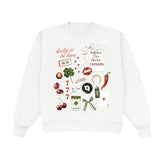 White sweatshirt with lucky-themed graphics and text on a white background