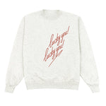 White sweatshirt with red text 'lucky you!' on a white background