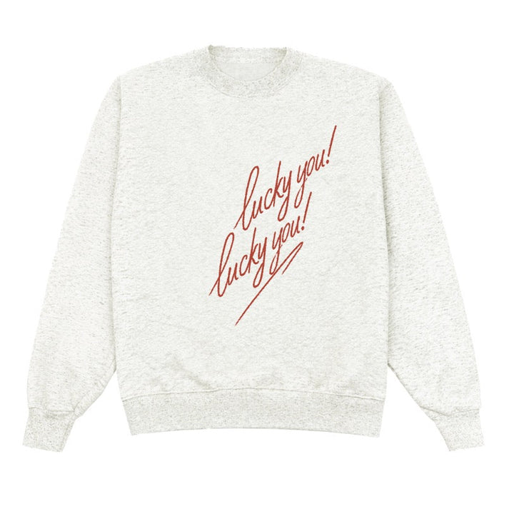 White sweatshirt with red text &
