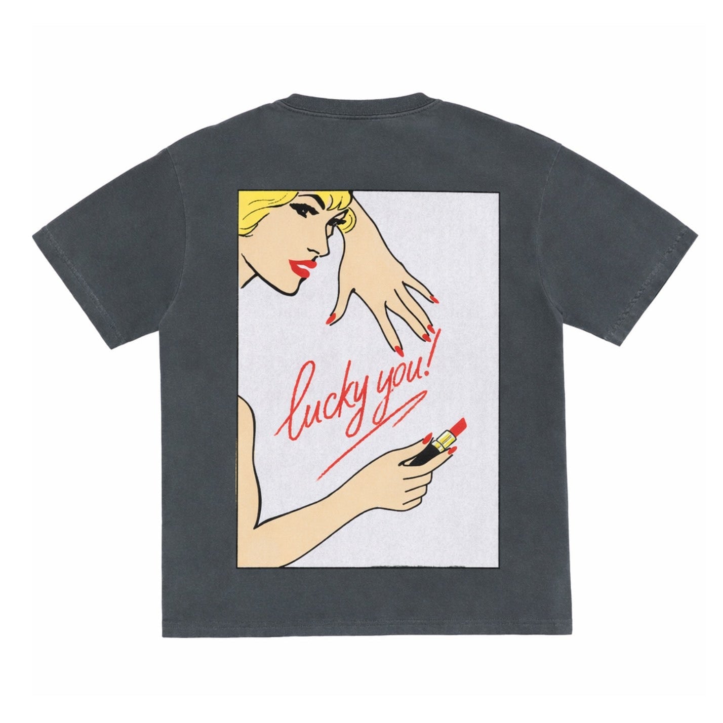 Black t-shirt with graphic design of a woman, hand, and lipstick on a white background