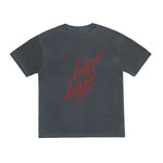 Black t-shirt with red text on a white background