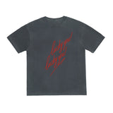 Black t-shirt with red text on a white background