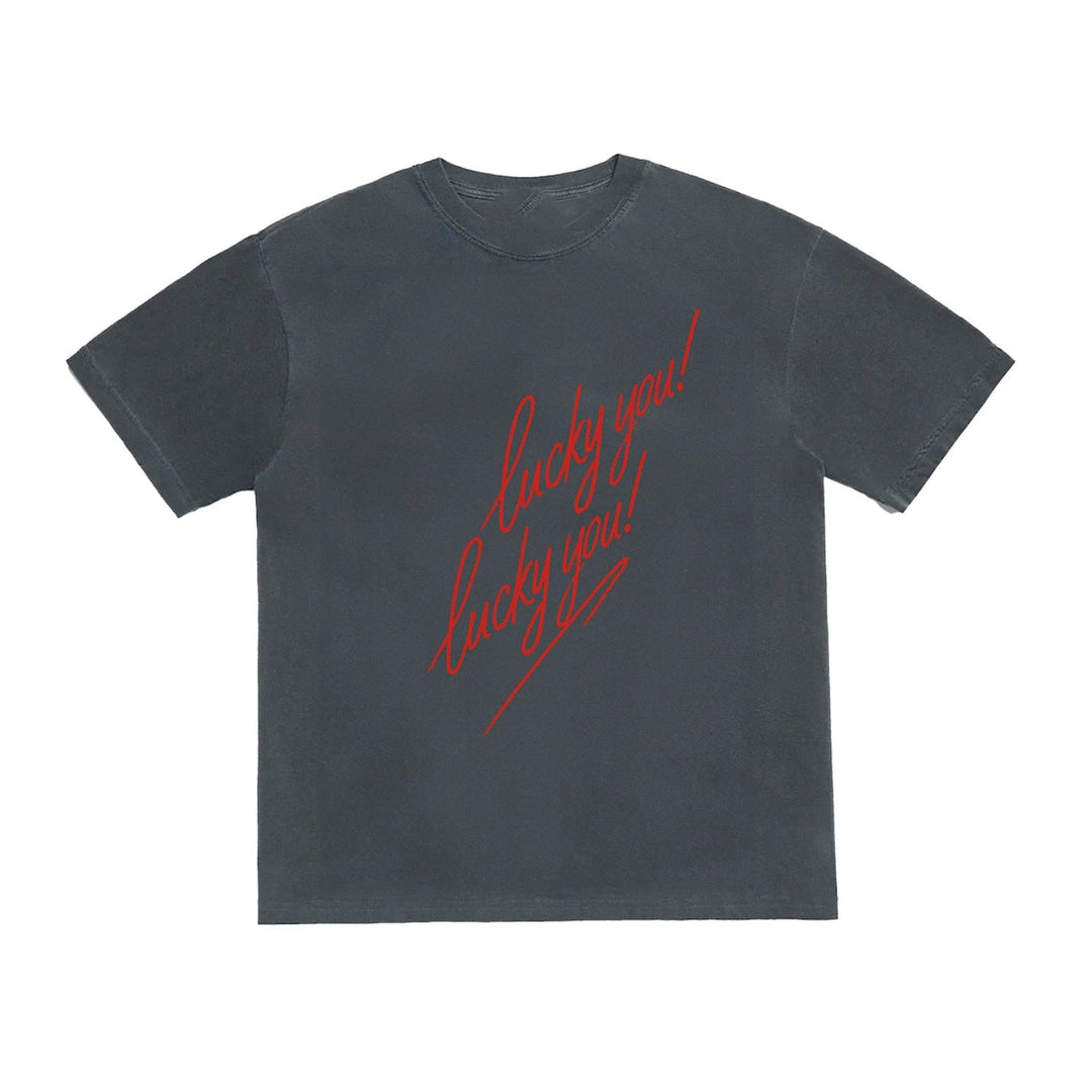 Black t-shirt with red text on a white background