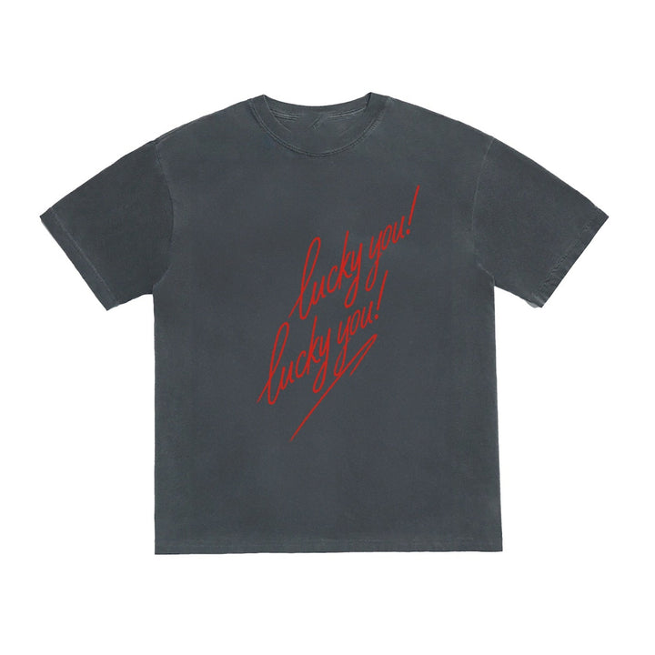 Black t-shirt with red text on a white background