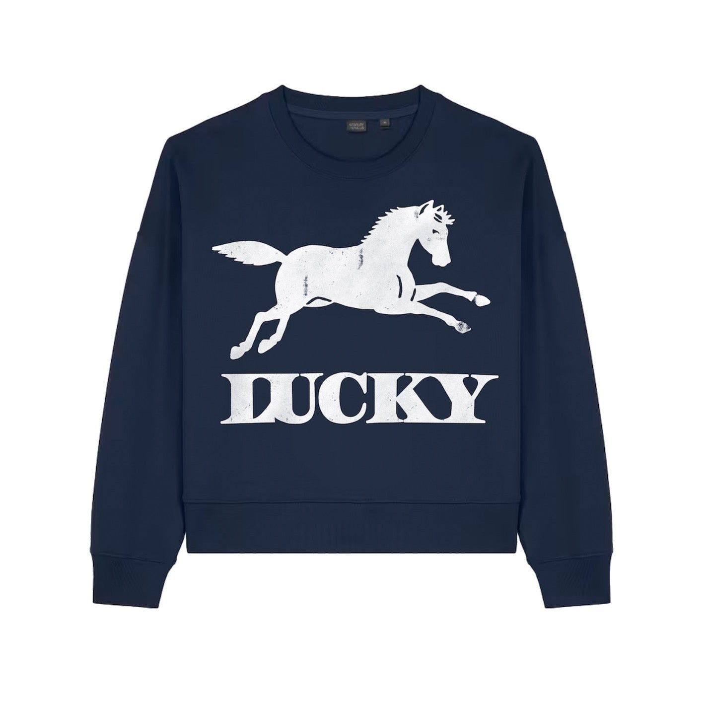 Navy blue sweatshirt with a white horse graphic and 'LUCKY' text on a white background