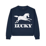 Navy blue sweatshirt with a white horse graphic and 'LUCKY' text on a white background