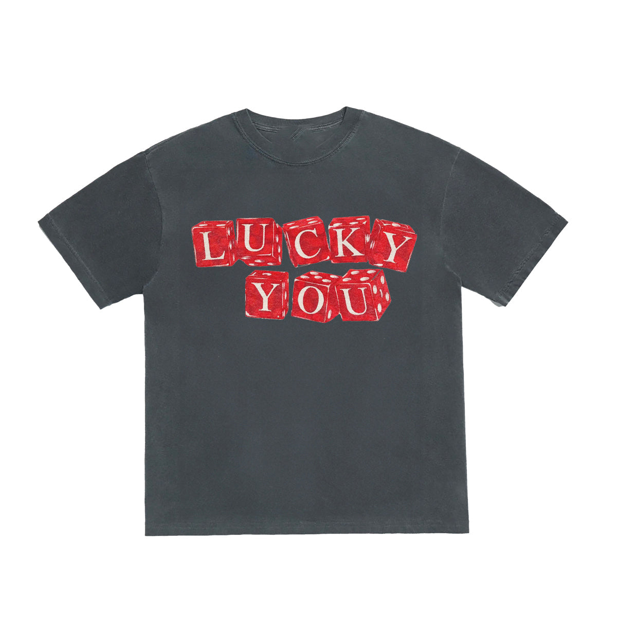 Black t-shirt with red 'LUCKY YOU' text on a white background