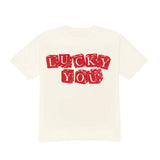 White t-shirt with red 'LUCKY YOU' text design on a white background