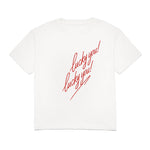 White t-shirt with red text 'lucky you!' on a white background