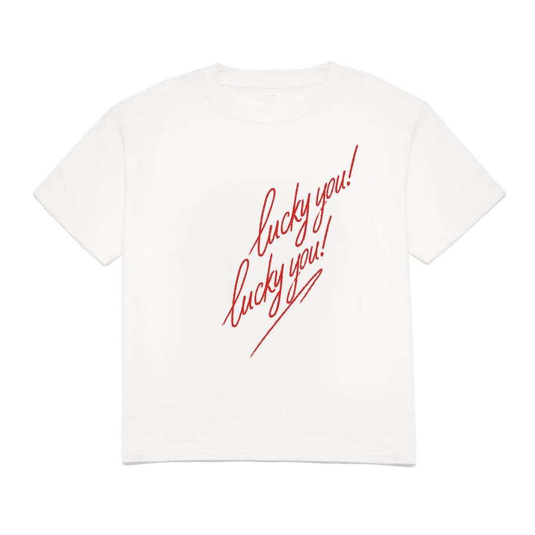 White t-shirt with red text 'lucky you!' on a white background