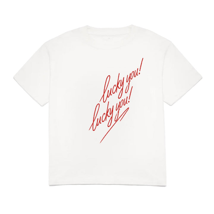 White t-shirt with red text &