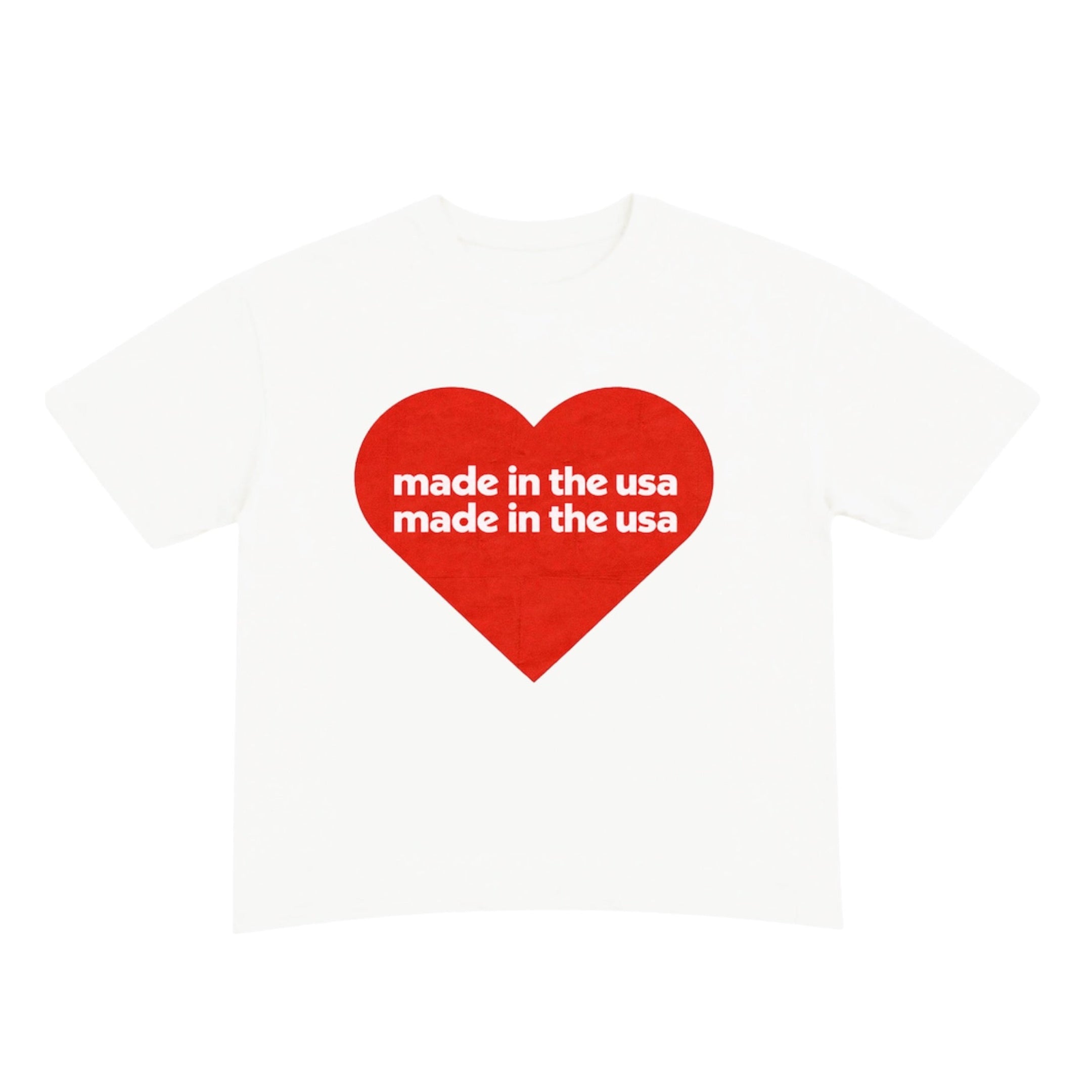 White t-shirt with a red heart-shaped logo and 'made in the usa' text on a white background