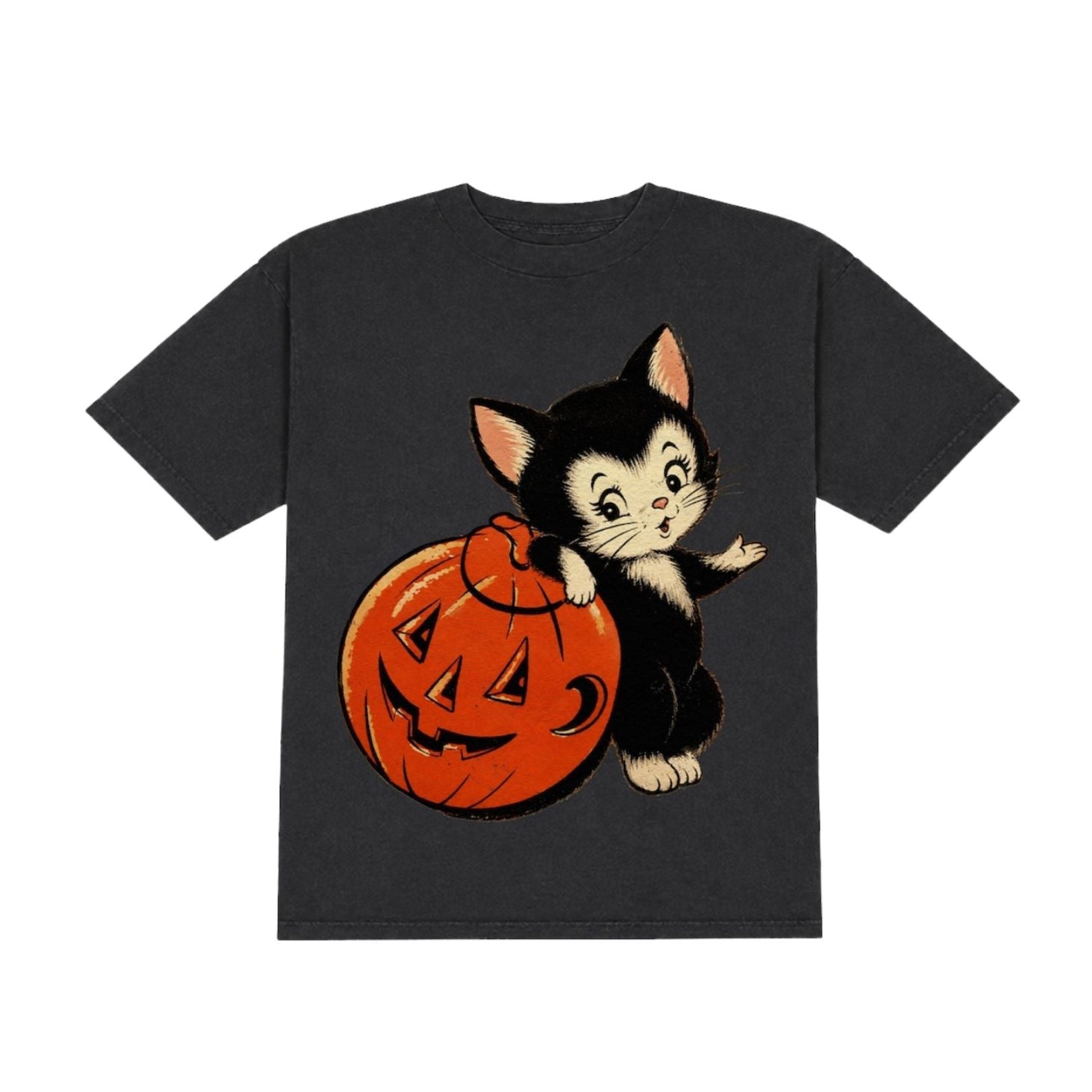 A dark charcoal gray short-sleeve t-shirt featuring a graphic print of a cute black and white kitten holding a carved orange jack-o'-lantern pumpkin, displayed on a solid white background.
