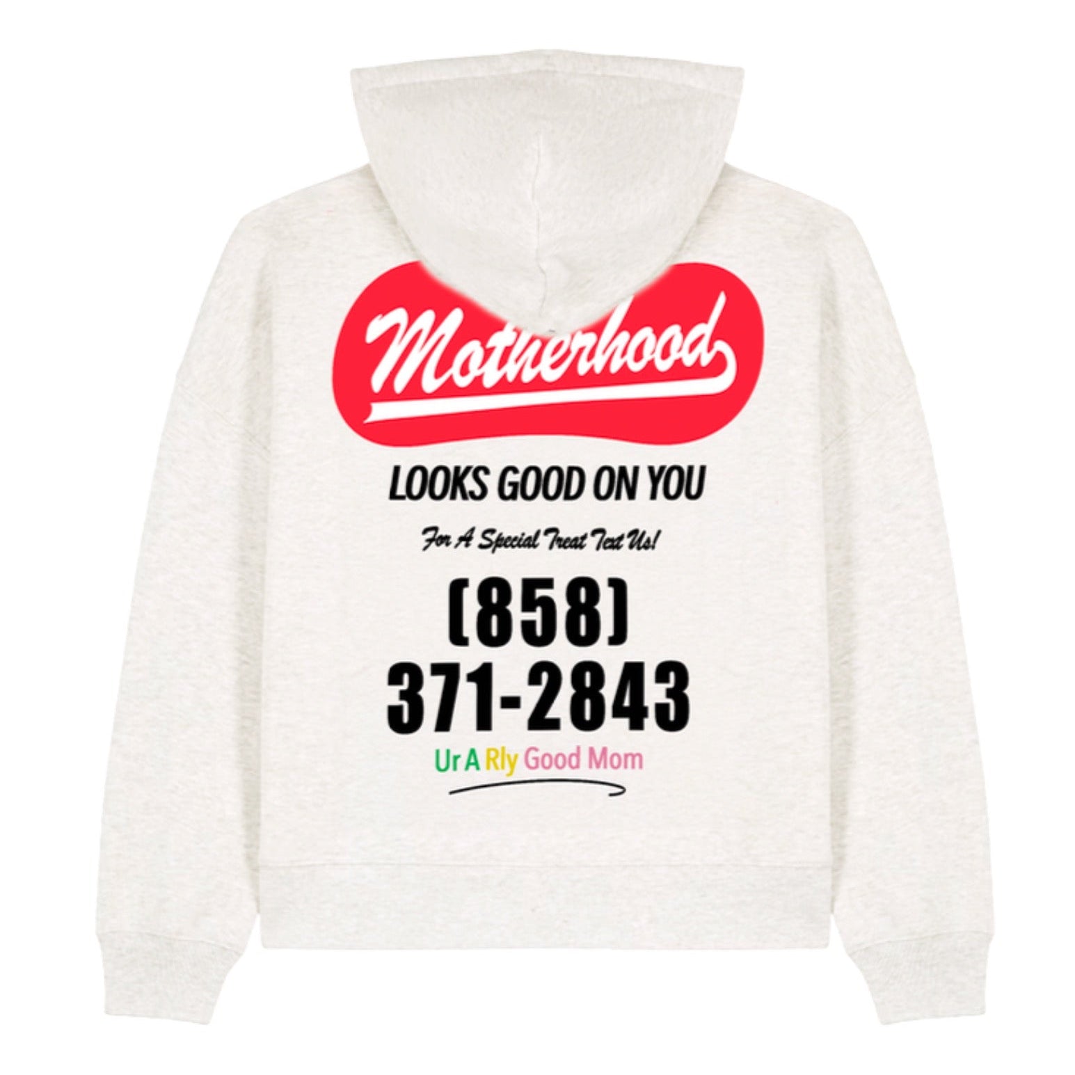 White hoodie with red and black text on a white background