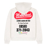 White hoodie with red and black text on a white background