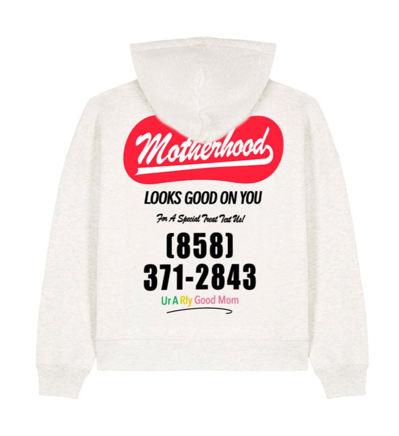 White hoodie with red and black text on a white background