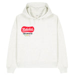 White hoodie with red and black text on a white background