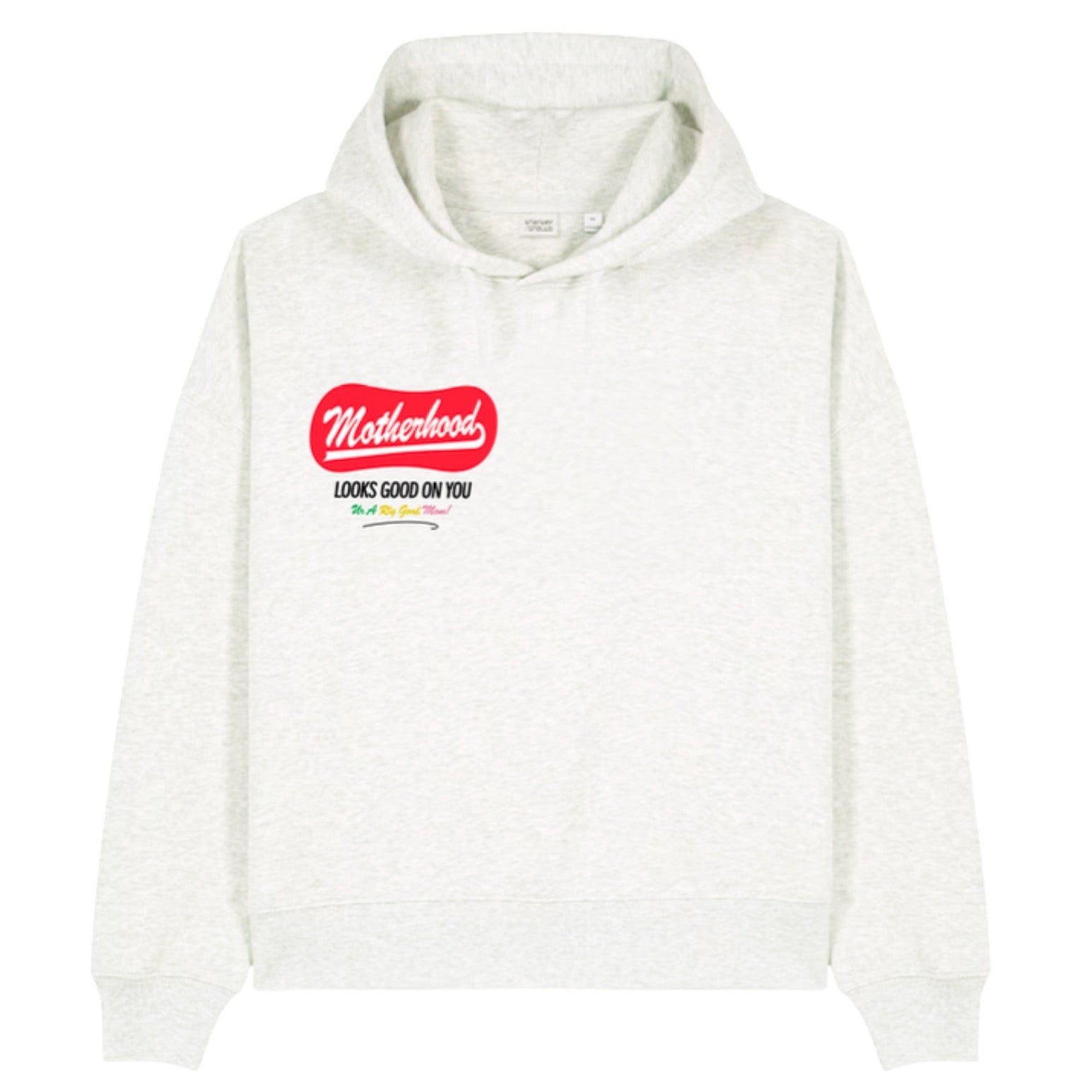 White hoodie with red and black text on a white background