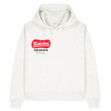 White hoodie with red and black text on a white background