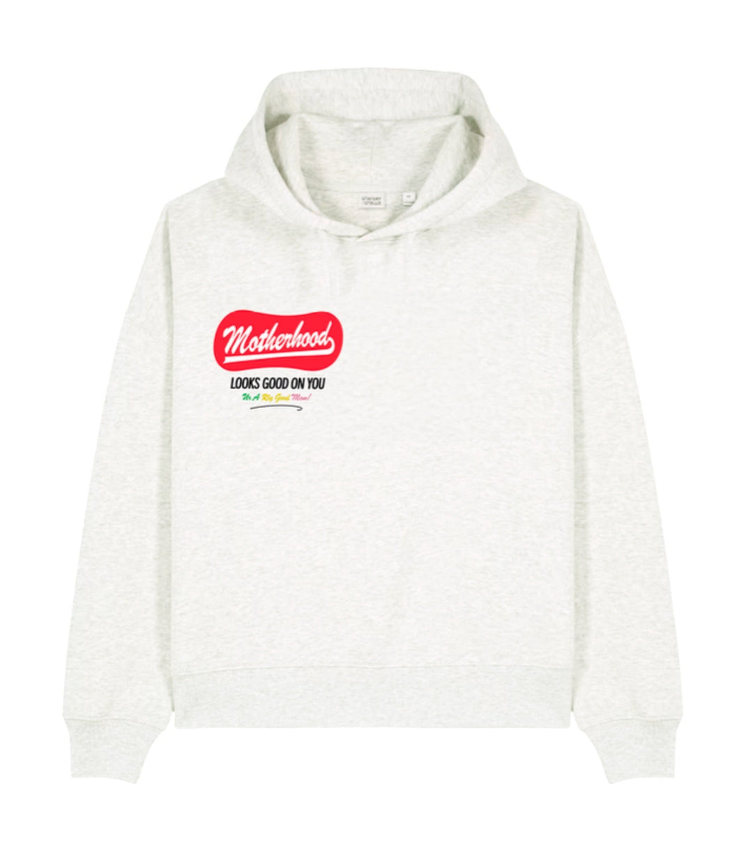 White hoodie with red and black text on a white background