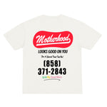 White t-shirt with red and black text on a white background