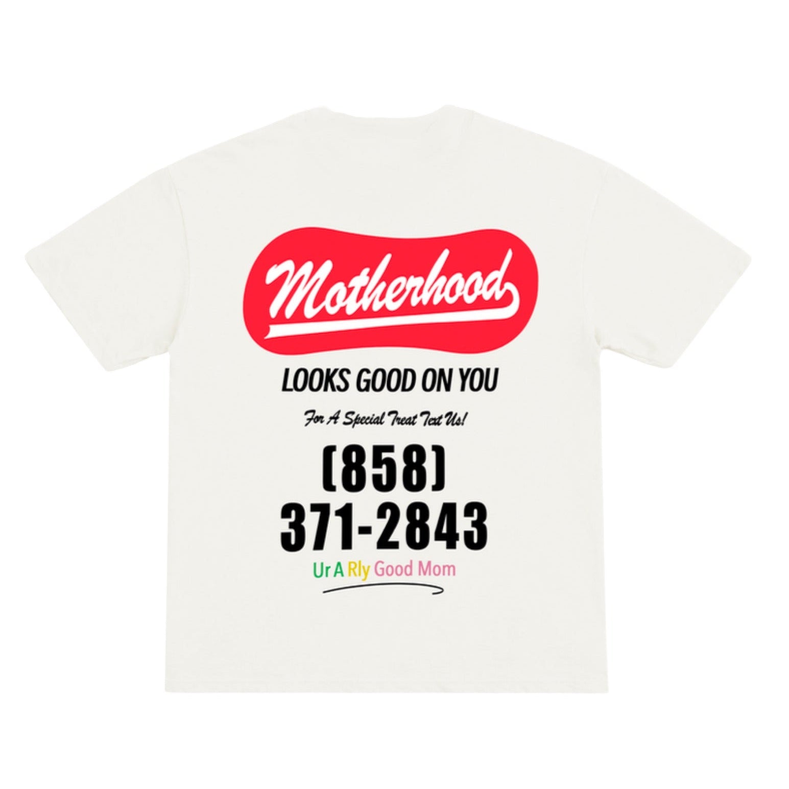 White t-shirt with red and black text on a white background