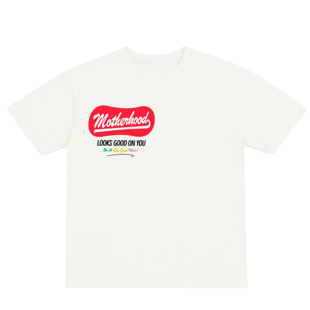 White t-shirt with a red and black graphic design on a white background