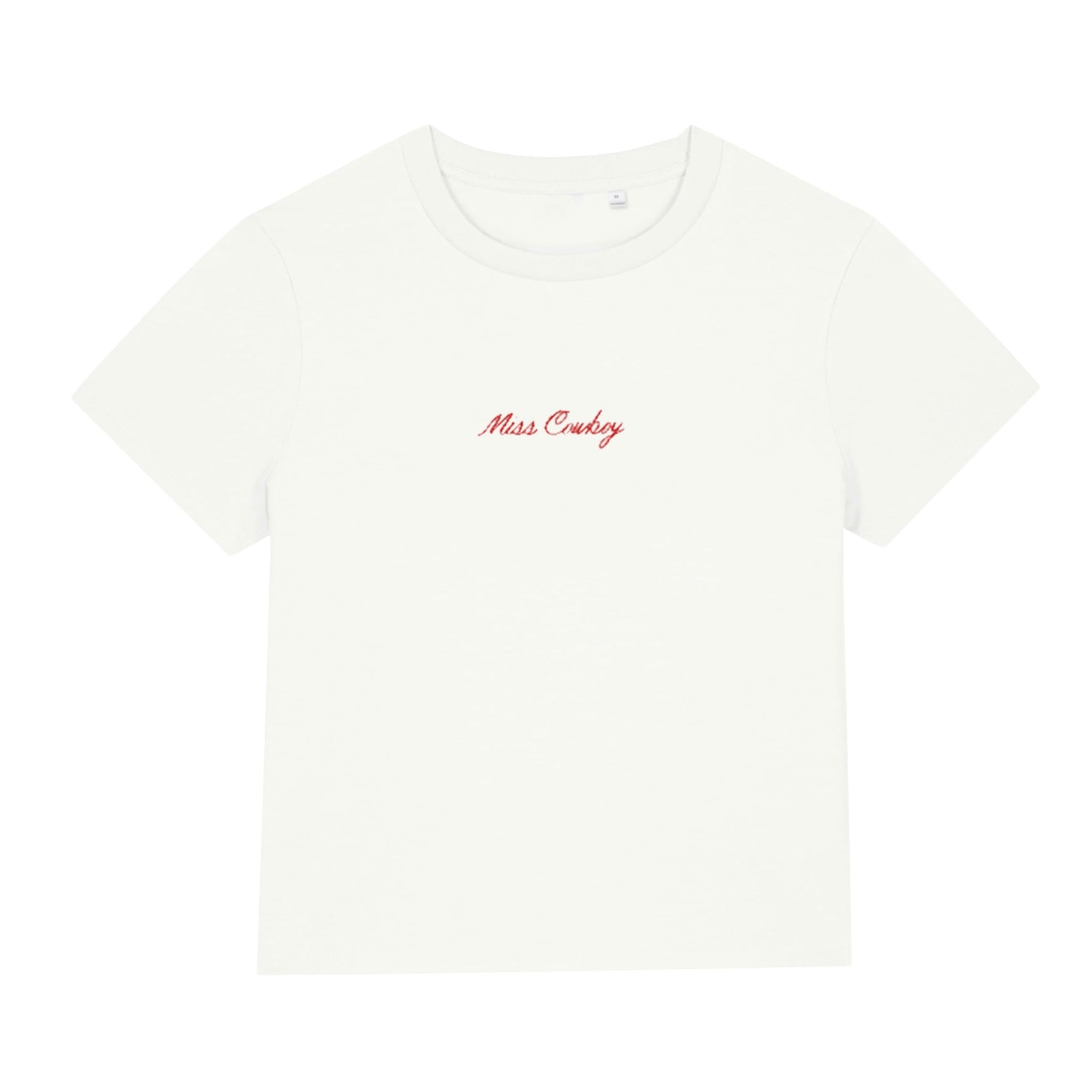 White t-shirt with red text on a white background