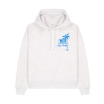 White hoodie with a blue graphic on a white background