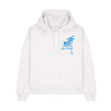 White hoodie with a blue graphic on a white background