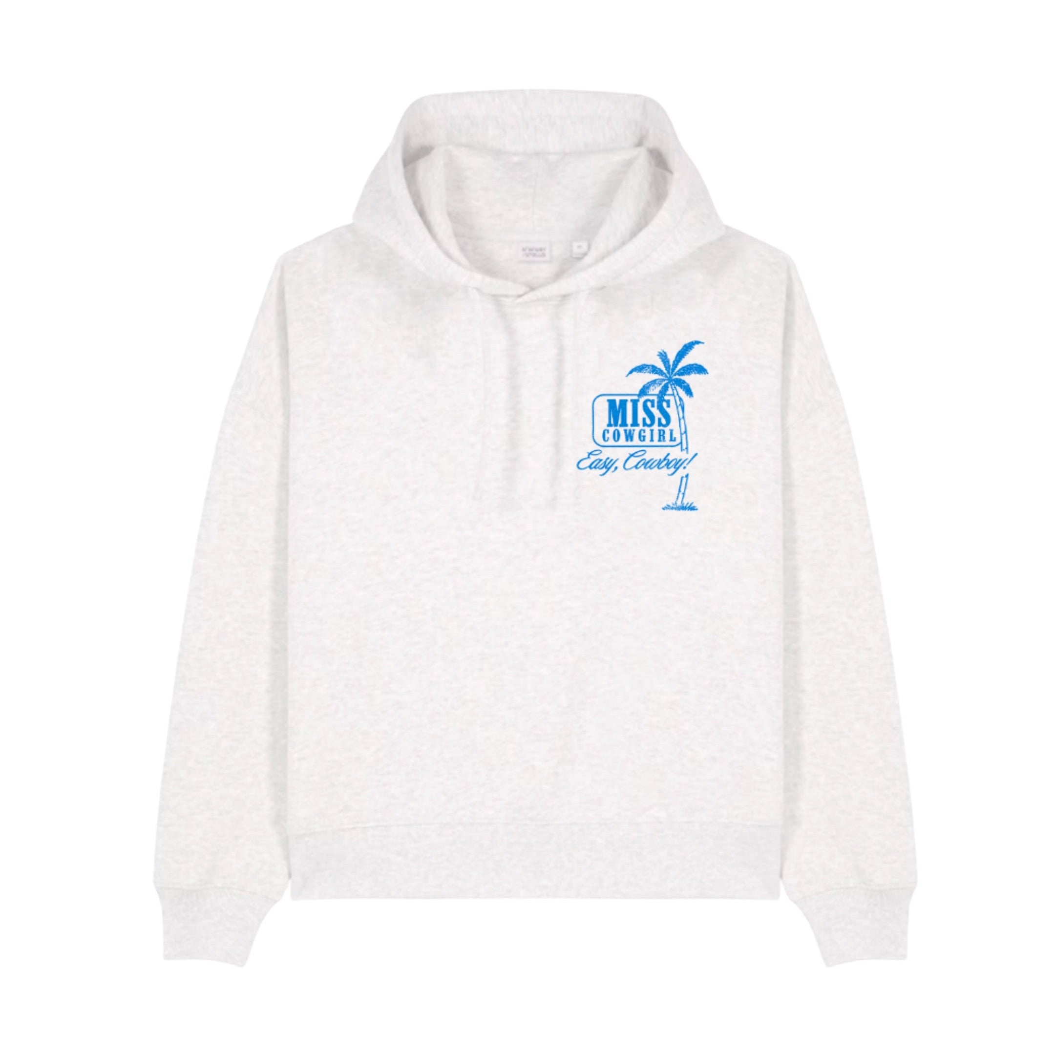 White hoodie with a blue graphic on a white background