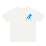 White t-shirt with a blue graphic and text on a white background