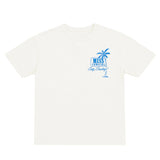 White t-shirt with a blue graphic and text on a white background