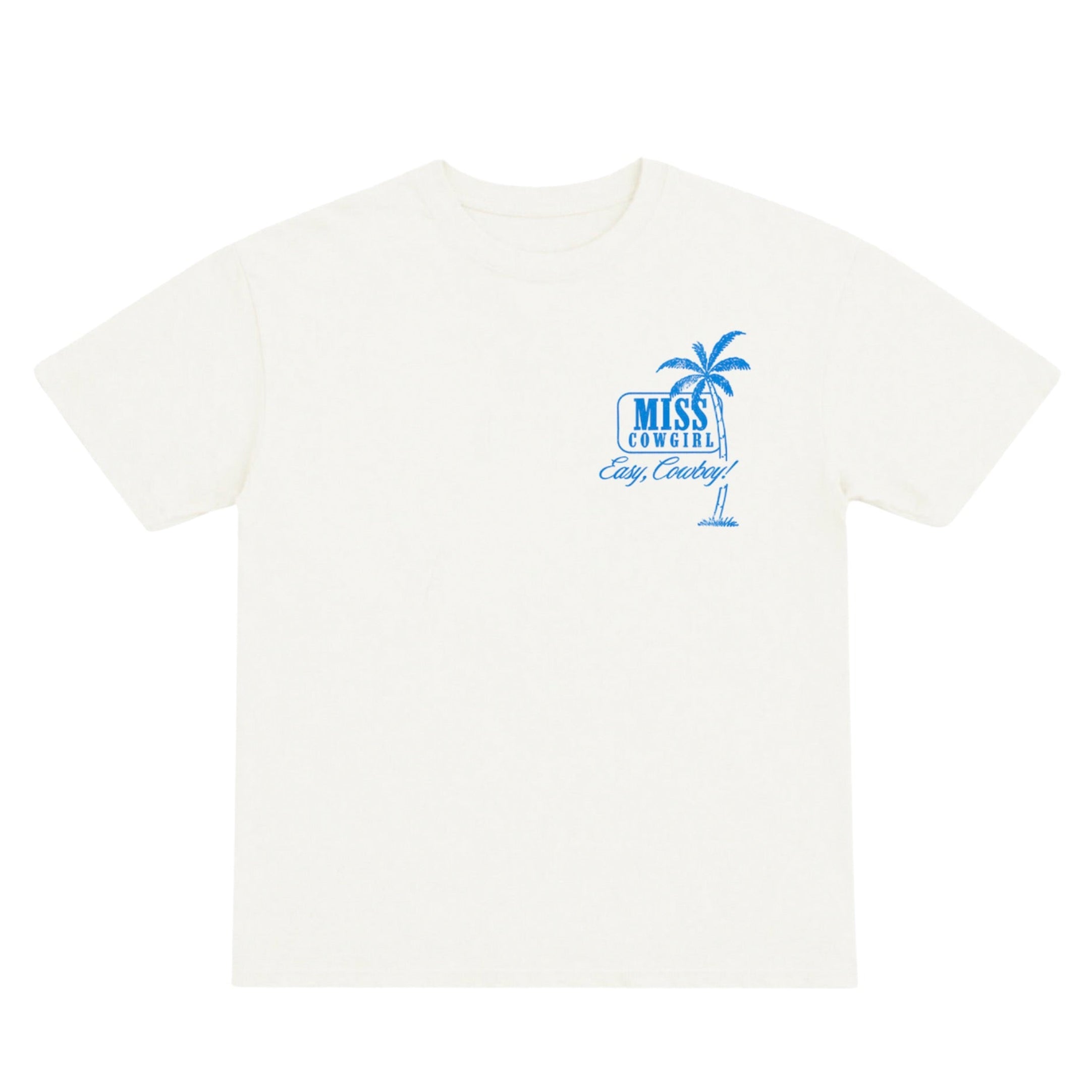 White t-shirt with a blue graphic and text on a white background
