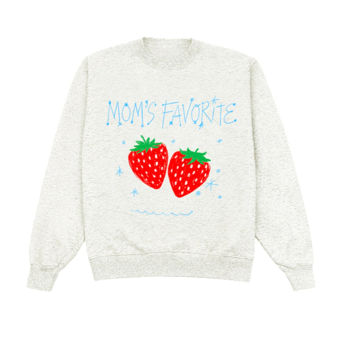 White sweatshirt with red strawberries and 'Mom's Favorite' text on a white background