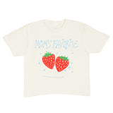 White t-shirt with strawberry design and 'Mom's Favorite' text on a white background