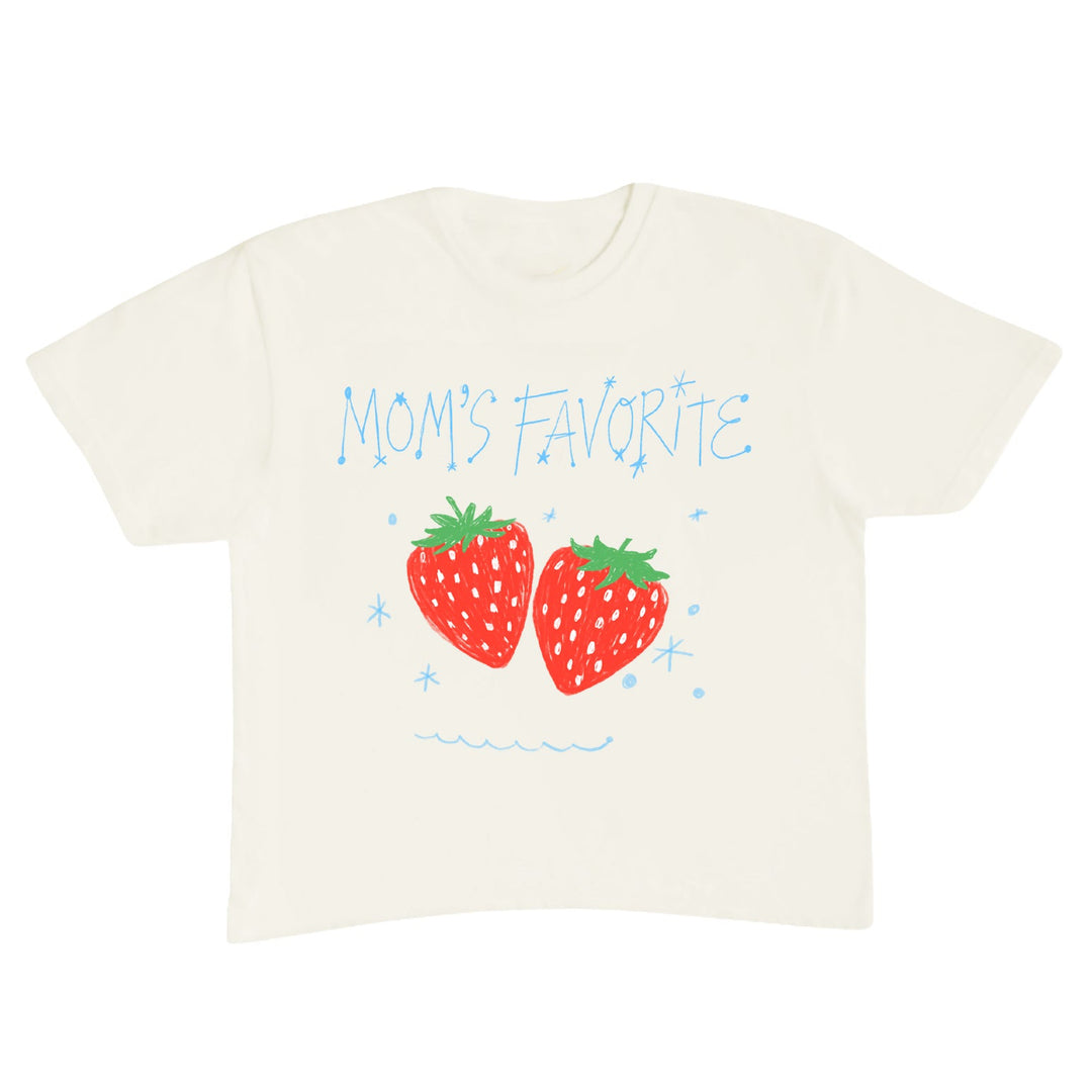 White t-shirt with strawberry design and 'Mom's Favorite' text on a white background