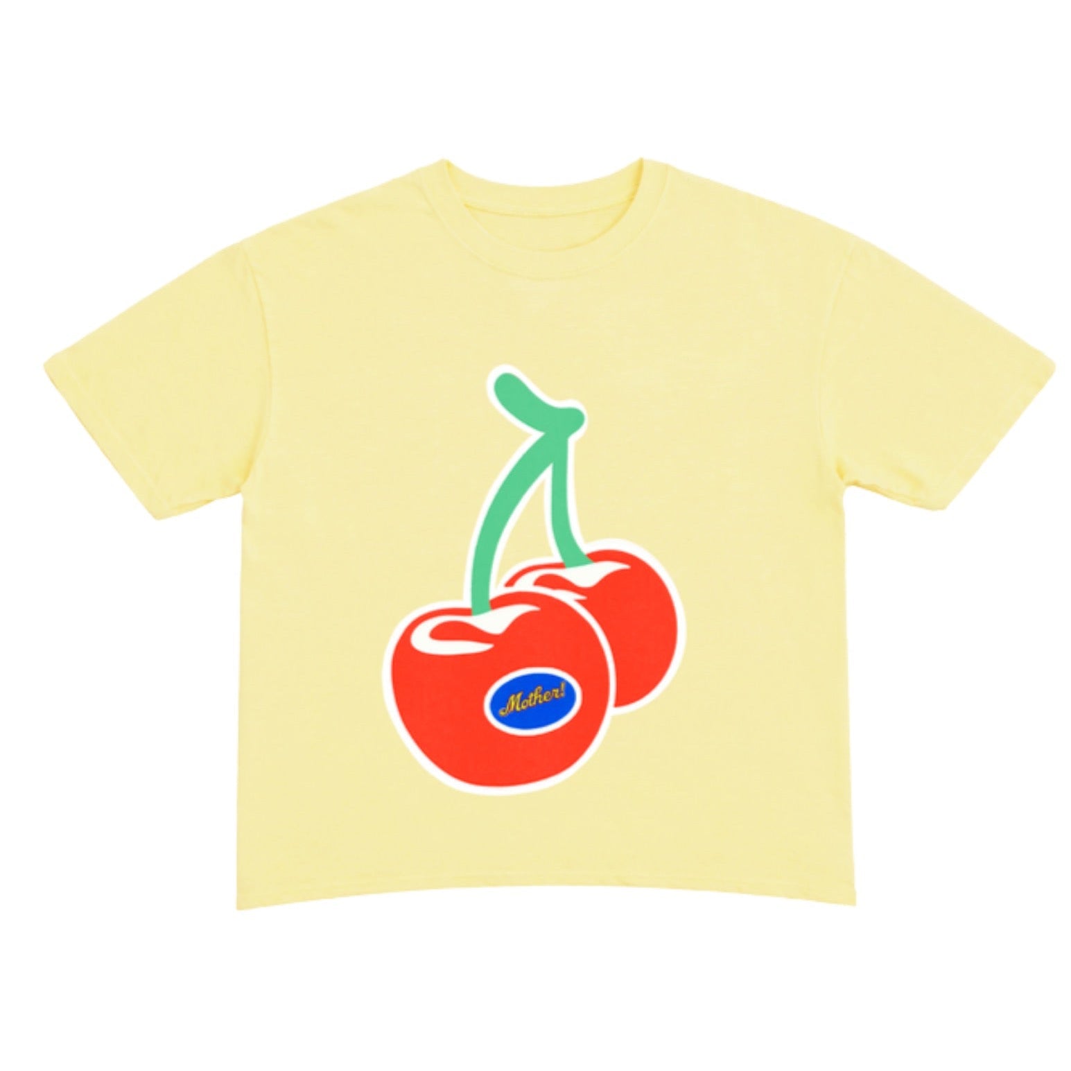 Yellow t-shirt with red cherries graphic on a white background