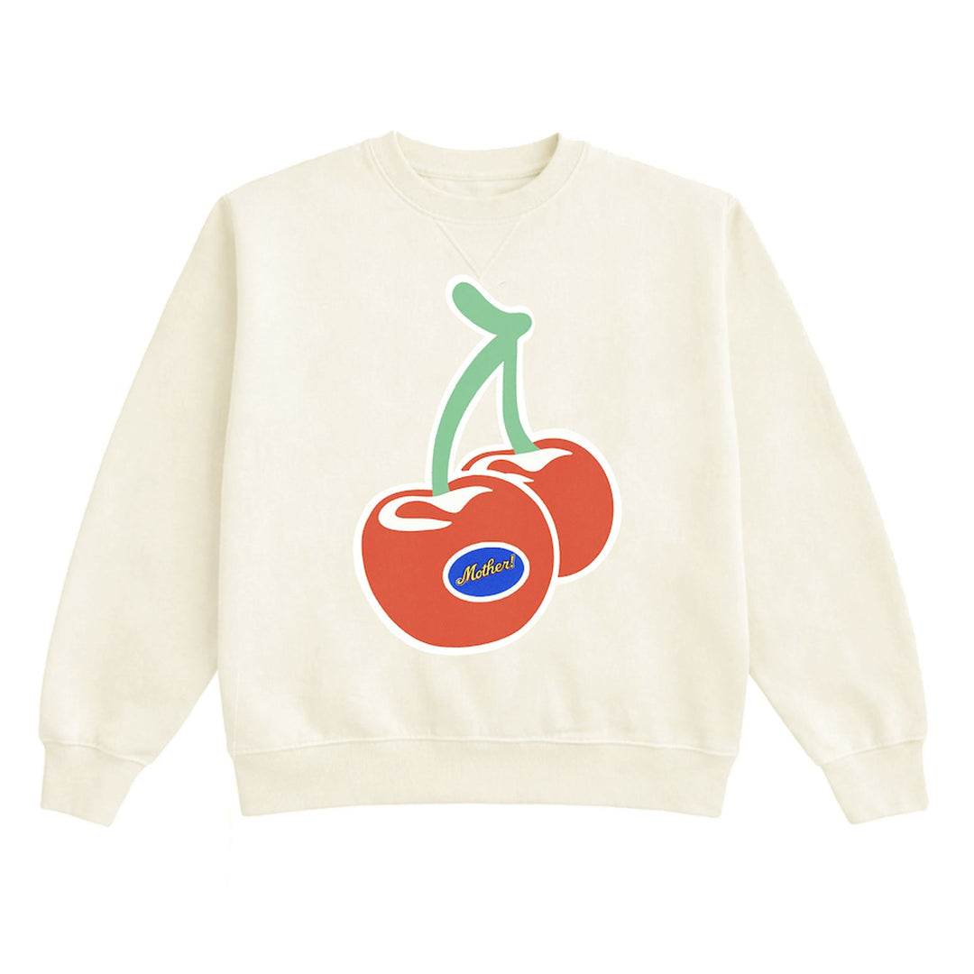 White sweatshirt with red cherries and a blue logo on a white background