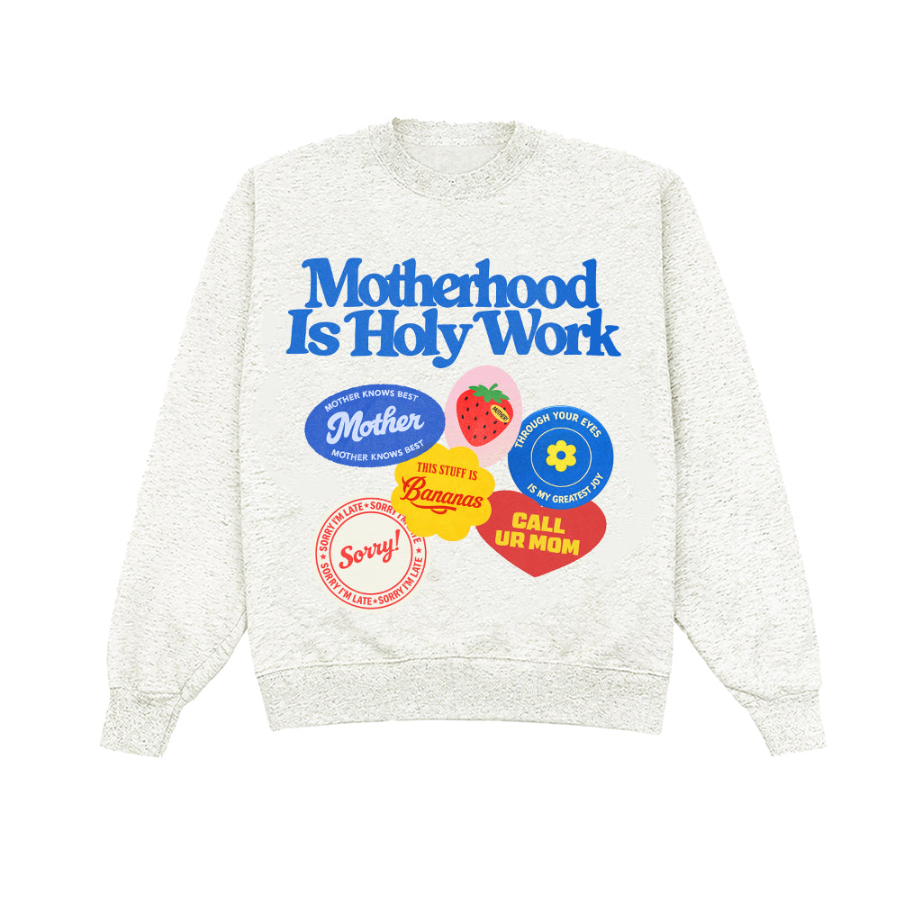 Gray sweatshirt with colorful graphics and text on a white background