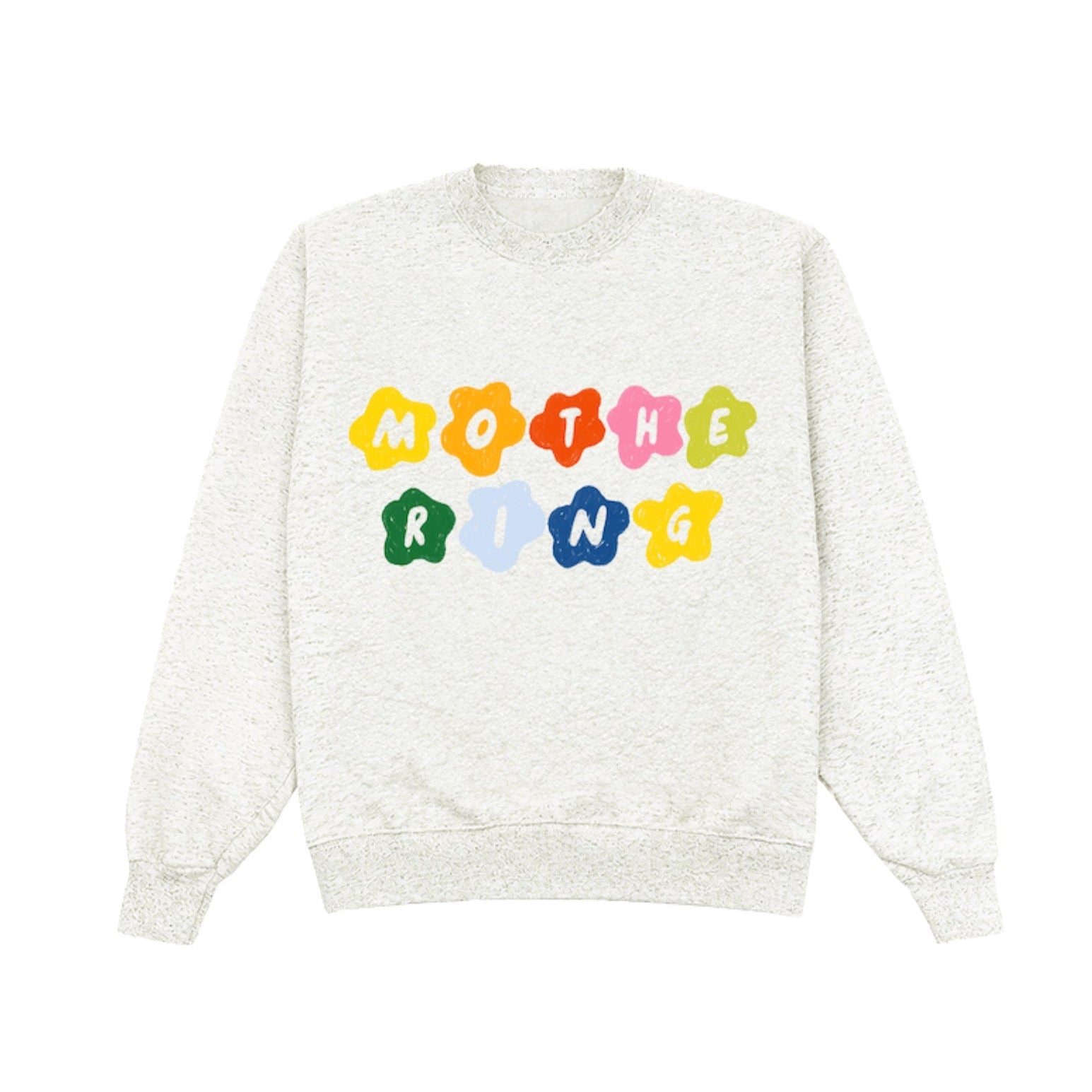 White sweatshirt with colorful text design on a white background