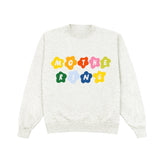 White sweatshirt with colorful text design on a white background