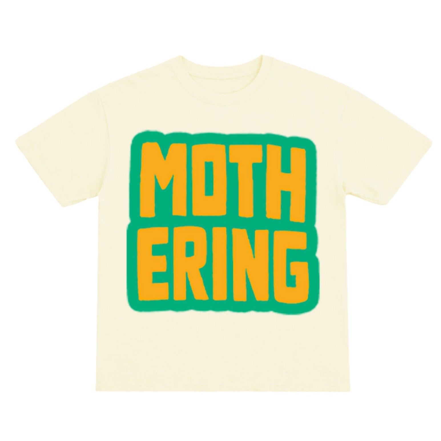 Beige t-shirt with 'MOTHERING' text in green and orange on a white background