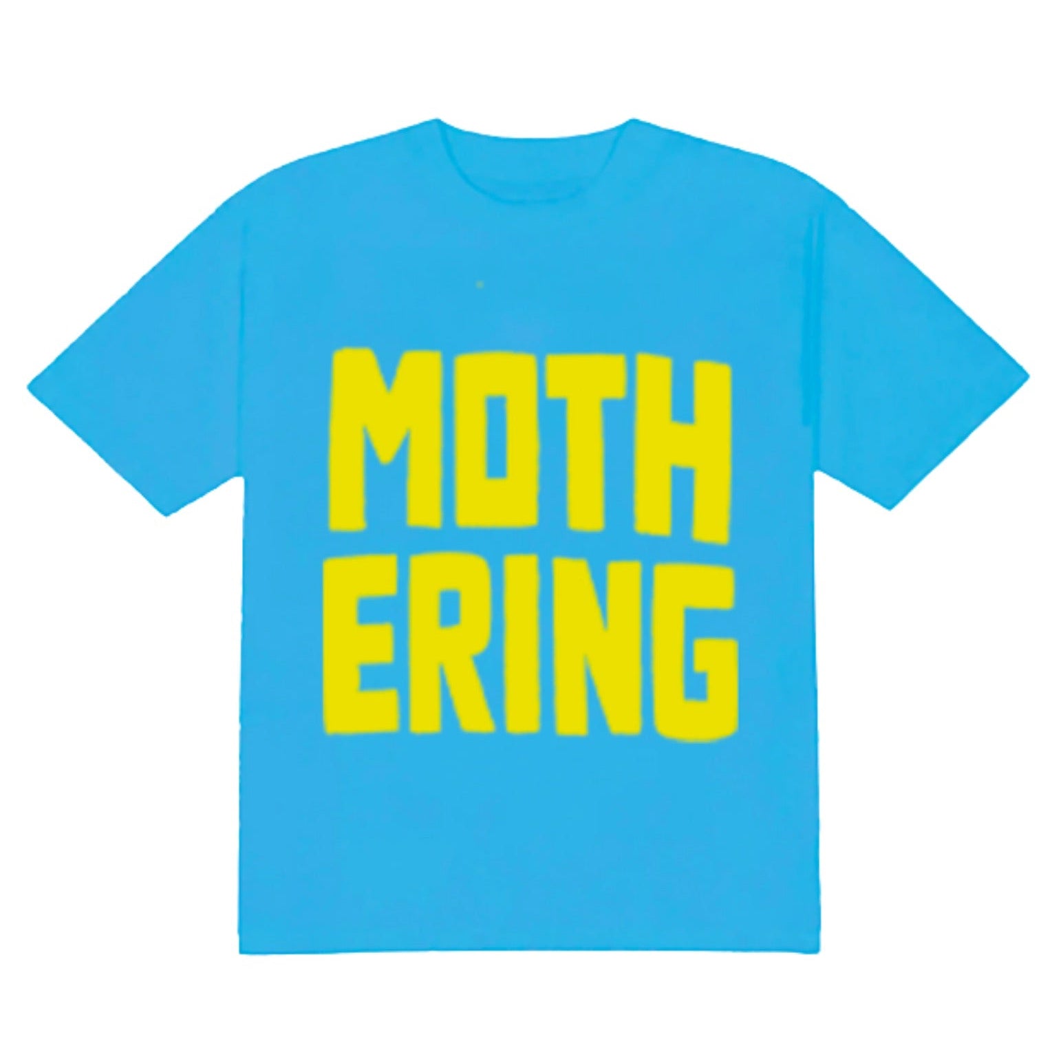 Blue t-shirt with yellow text 'MOTHERING' on a white background