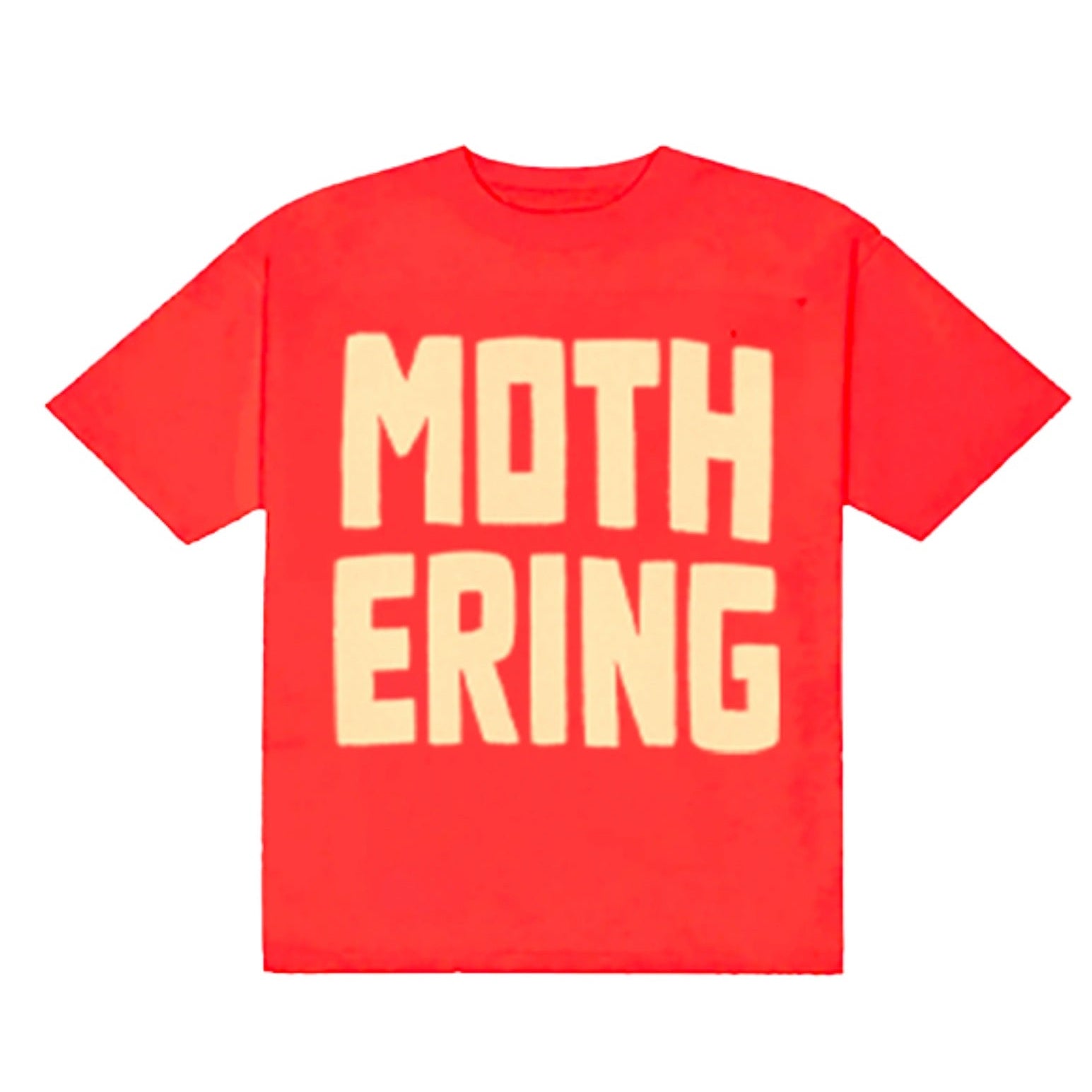 Red t-shirt with yellow text 'MOTHERING' on a white background