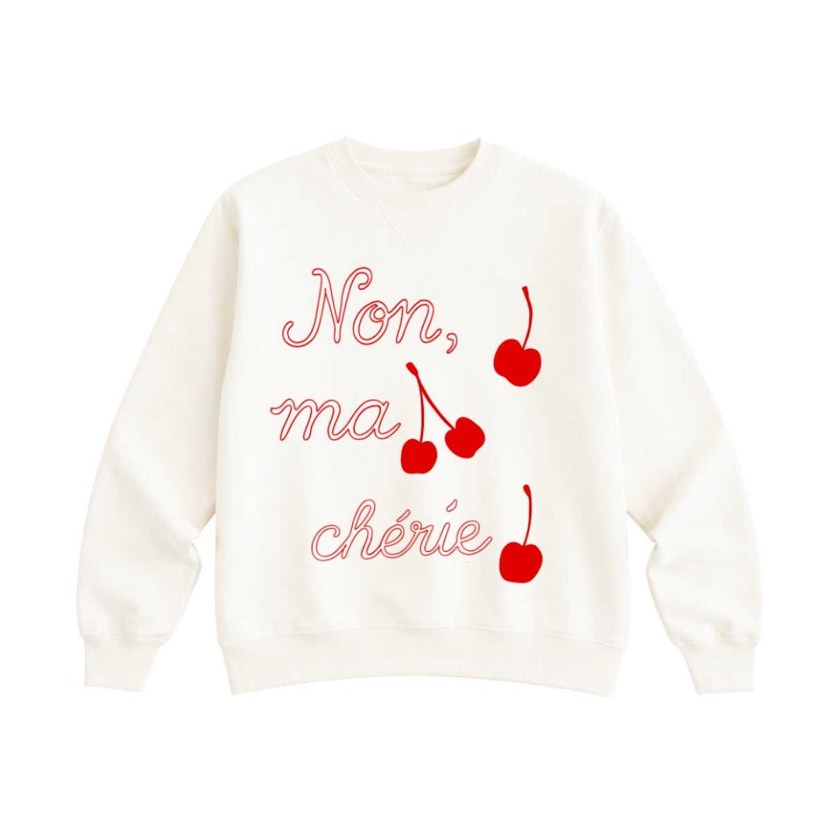 White sweatshirt with red text and cherries on a white background