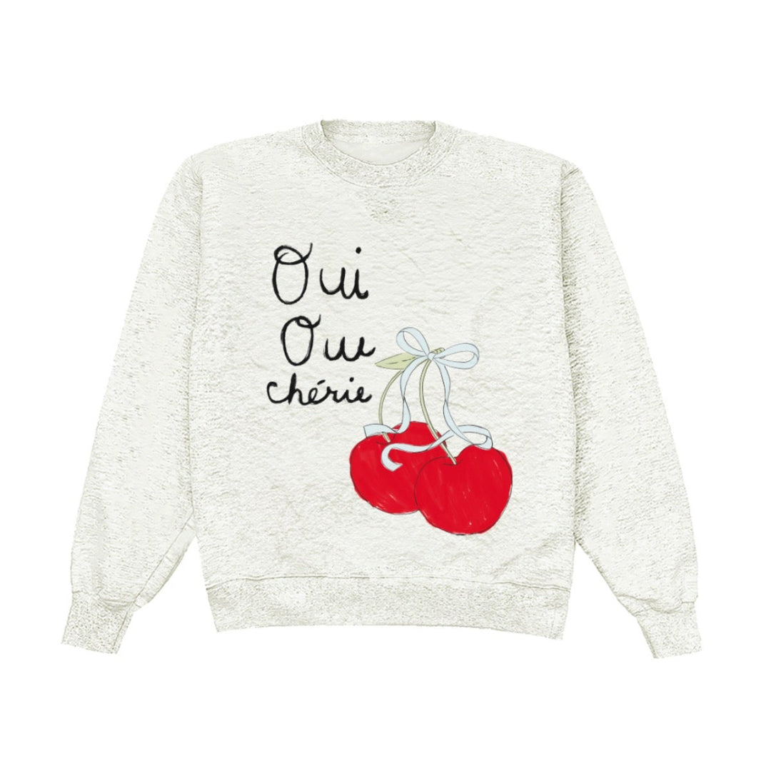 White sweatshirt with red cherries and black text on a white background