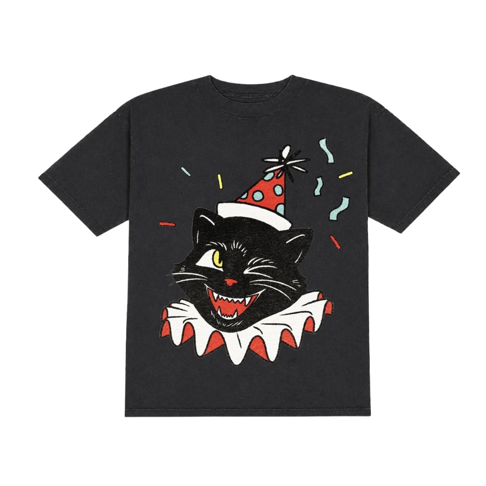 A black short-sleeve t-shirt featuring a graphic of a smiling black cat wearing a red and white party hat and a white ruffled collar, with colorful confetti details.